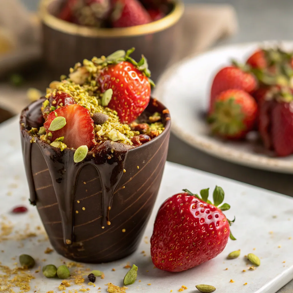 The Best Dubai Chocolate Strawberries 1 Dubai chocolate strawberries in luxury gold cup