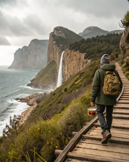 The Best Dubai Chocolate Strawberries 5 Hiker walking on a wooden coastal trail toward a cliffside waterfall